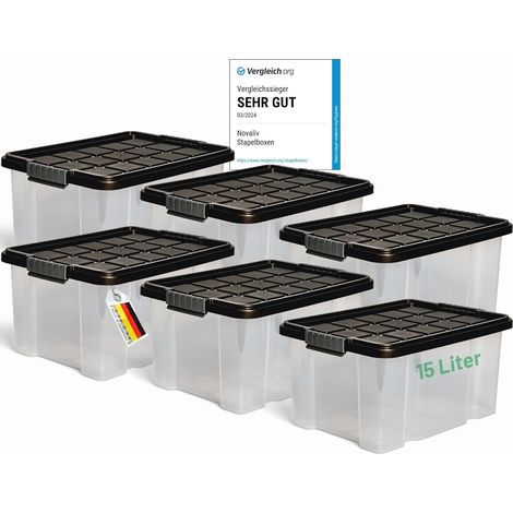 Novaliv 6x boîtes de rangement avec couvercle 15L anthracite Boîtes de rangement empilables emboîtables avec fermeture à clip Boîte en plastique sans