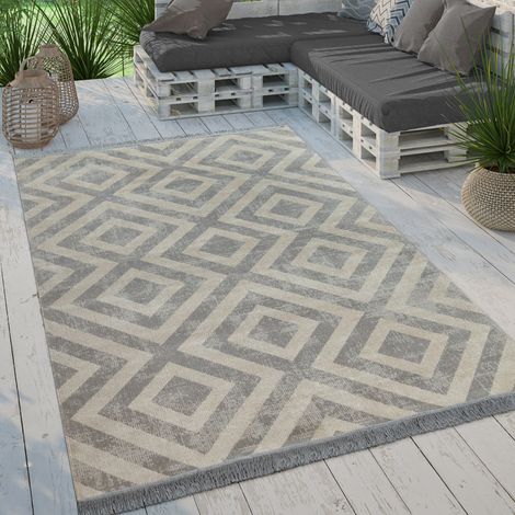 Paco Home Tappeto Per Esterno Terrazzo Balcone Tappeto Cucina Moderno Rombi Design Con Frange 60x100 cm, Grigio-Bianco