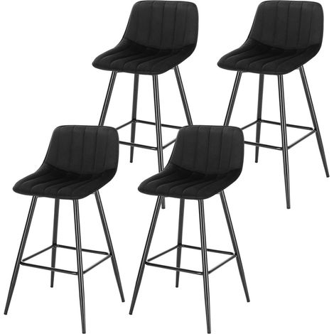 Lot de 4 Tabourets de Bar en Velours + métal WOLTU, tabourets Hauts de bistrot avec Repose-Pieds, Chaises Hautes Bar, Tabourets de Cuisine, Noir (1/5)