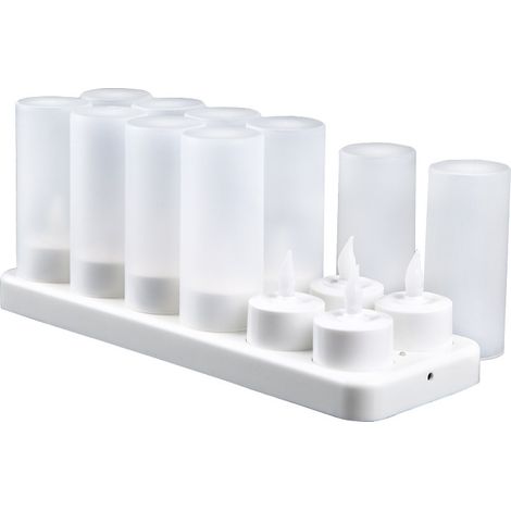Paquete de 12 velas LED recargables, velas eléctricas, llama parpadeante LED con estación de carga, decoración para Navidad, cumpleaños, boda, cena, mesa votiva, cafetería, bar, restaurante, hotel (1/5)