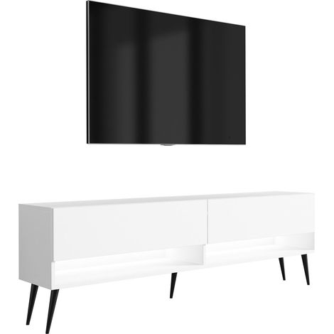 Meuble TV 170 cm Blanc Mat, pieds obliques noirs, LED blanche, 170 × 32 × 52 cm (1/5)
