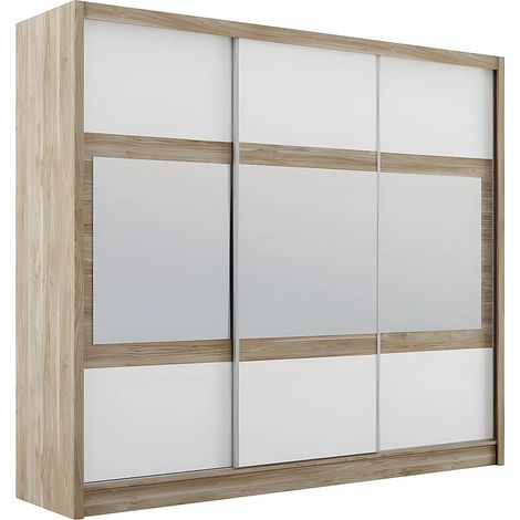 Armadio 3 ante scorrevoli con specchio L250 cm Naturale e Bianco - LEOVIA (1/5)