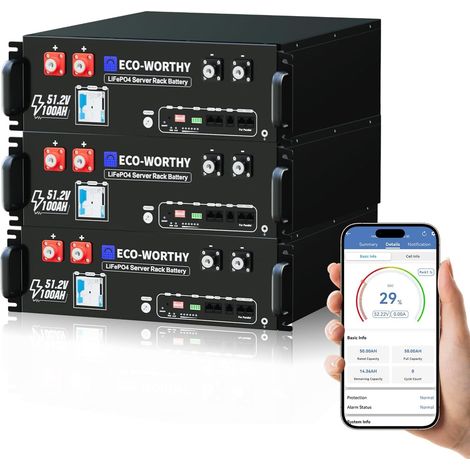 ECO-WORTHY LiFePO4 48V 100Ah Bluetooth 5,12KWh Lithium batterie mit 100A BMS, Server Rack Solarbatterie für Solaranlage Komplettset,Photovoltaikanlage,Wohnmobil(2 pc)