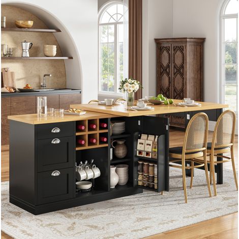 Table de bar extensible 120-197 cm avec rangement, plateau rotatif 360°, îlot de cuisine pour petit espace MDF noir (1/5)