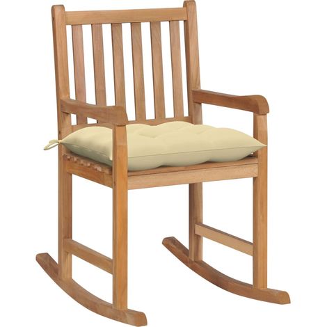 Schaukelstuhl mit Cremeweißem Kissen Massivholz Teak