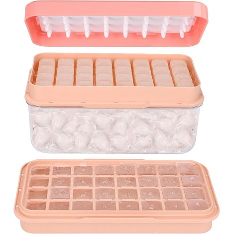 Eiswürfelform Deckel Behälter 64 Würfel Eiszange Box BPAfrei Rosa (1/5)