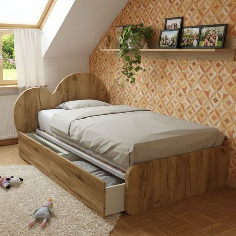 Letto a cuore 1 piazza e mezza con cassettoni - 120x190 cm - Made in Italy - Quercia