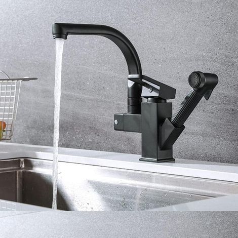 Schwarzer Küchenspülen-Wasserhahn, an Deck montierter, flexibler, herausziehbarer Mischbatterie, heißer und kalter Küchenarmatur, Federauslauf, Chrom-Silber-Wasserhahn, Schwarz
