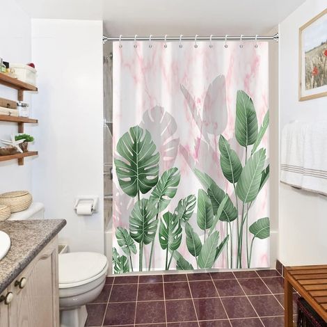 Rideau Douche Anti Moisissure, Rideau de Douche 150x180cm Tropical Feuilles de Palmier Vert Jungle Marbre Rose Rideaux de Baignoire Tissu Lavable Imperméable Rideaux de Bain avec 10 Crochets - 150L X  (1/5)
