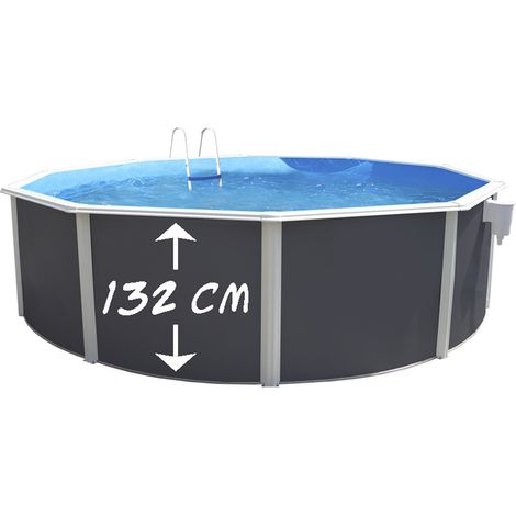 Piscine hors sol ronde acier anthracite 350x132cm – Filtration à sable 3,6m³/h – Capacité 11500L – Kit complet avec échelle et liner bleu – TOI (1/6)