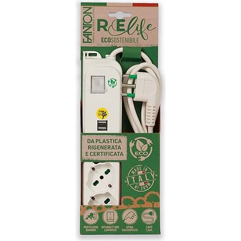 Mehrfachsteckdose OMEGA ECO 3 Steckdosen Schuko 2P+T 16A + 2 USB-A 5V 2,1A Kabel 1,5m Stecker Italienisch Std. 2P+T 16A mit Schalter Fanton 47450ECO