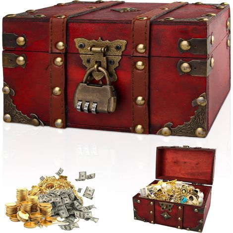 Coffre au Trésor Vintage en Bois 18x11x10 cm - Coffret Pirate Enfant avec Serrure à Combinaison, Boîte à Bijoux (1/5)