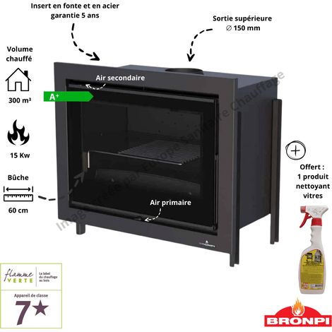 Bronpi – Insert cheminée bois Paris 70 Vision – Puissance 12 kW – Rendement 81% – Ventilateurs intégrés – Pour volumes jusqu'à 300 m³ (1/5)