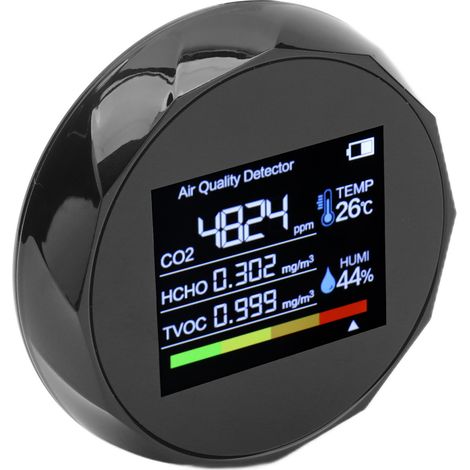 Luftqualitätsdetektor, Multifunktions-TVOC-CO2-Detektor, digitales Temperatur- und Feuchtigkeitsmessgerät, USB-Ladefunktion, Schwarz (1/5)