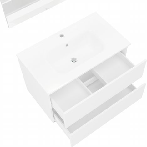 Mueble de baño suspendido de 80 cm en madera blanca brillo con lavabo y espejo - Empoli - Con columna espejo y lámpara LED (1/5)