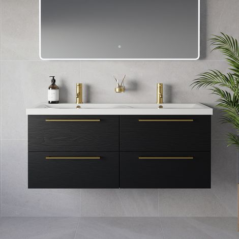 Napoli 390 Nero Oak 1200mm Wall Mounted 4 Drawer Vanity Unit with Double Glide Basins - 1200mm - Brushed Brass 320mm Handle