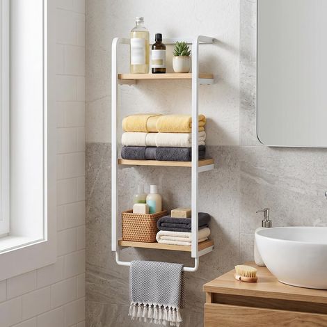 Support de Salle de Bain Mural à 3 Niveaux, Structure en Acier, Panneau d’Aggloméré, avec Barre de Suspension, Gain de Place, pour Serviettes, Papier Toilette, Bois Naturel et Blanc EWN133CJ01 (1/5)