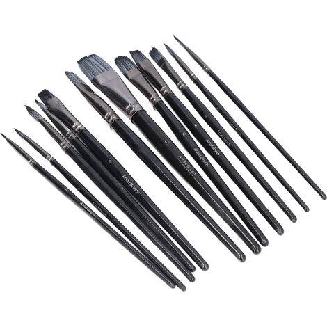 Lot de 12 pinceaux en nylon, ronds et élastiques, avec porte-pinceaux en bois pour les beaux-arts. (1/5)
