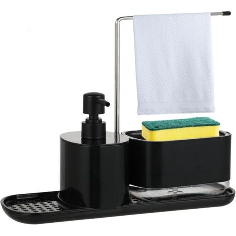 Set dispenser 2 in 1 nero per detersivo per piatti: dispenser per sapone liquido per le mani e detersivo per piatti con porta sapone da cucina. Adatto per dispenser di detersivo per piatti. (1/5)