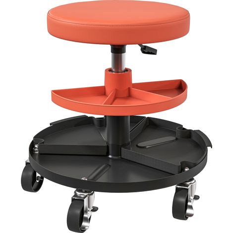 Tabouret d'atelier à roulettes, tabouret de mécanicien avec hauteur réglable 40-51 cm, 2 étagères 38x38x51cm, jaune