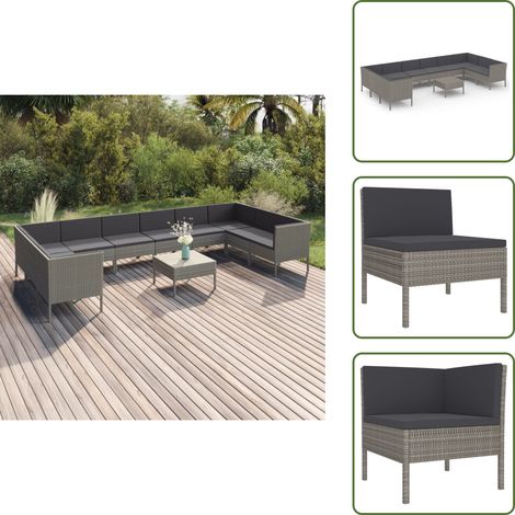 The Living Store Set Divani da Giardino 11 pz con Cuscini in Polyrattan Grigio - Set da giardino