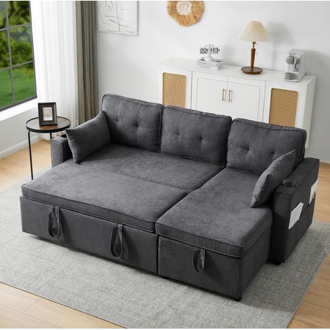 3-Sitzer Eckschlafsofa 211 x 129,5 x 86 cm mit Stauraum, Becherhalter, grau HAVRYA (1/5)