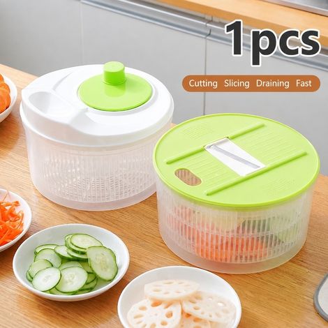 1 PCS Saladier à essorer avec couvercle trancheur, 2-en-1 laveur et coupe-légumes avec 2 lames et planche à découper Design 2-en-1 - Un jeu permet (1/5)