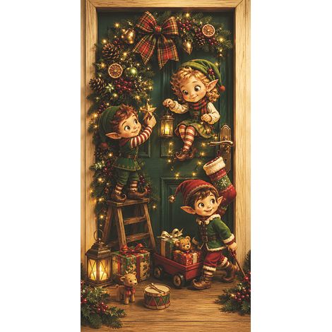Nouvelle décoration de porte pour Noël, motif cadeau du Père Noël, ambiance festive garantie - 90 x 180 cm (perforée + ruban) - 18