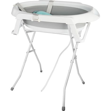 Baignoire Bébé Pliable avec Détection de Température Coussin de Bain + Support Réglable & Boîte de Rangement Sécurité Antidérapante - Grand Format 63x60x85 cm
