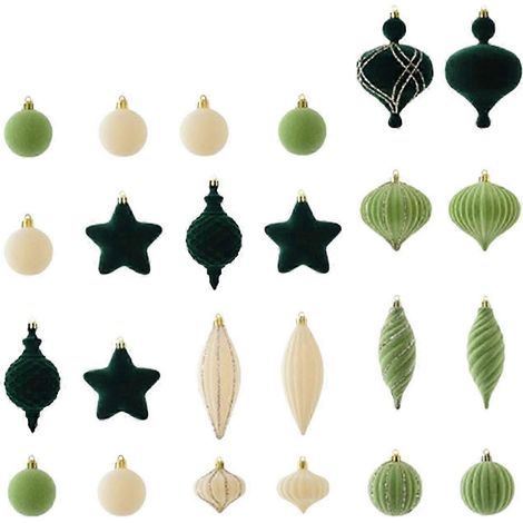 24 décorations de sapin de Noël, boules décoratives vertes et beiges (1/5)