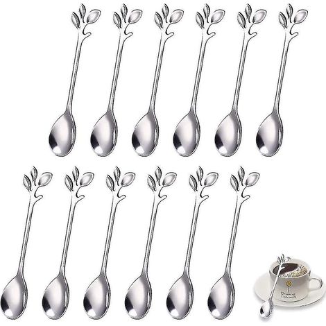 12 cuillères à café en acier inoxydable, cuillères à dessert, cadeau en forme de feuille (1/5)