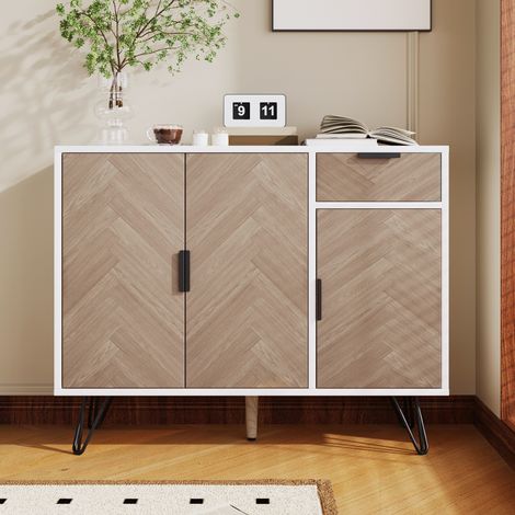 Buffet 90 cm avec tiroirs et étagères réglables en hauteur, cadre noir, Buffet aspect bois, Meubles de Rangement Modernes - Blanc (1/5)