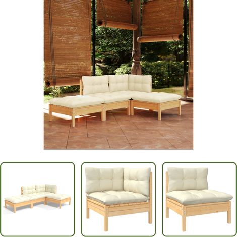 Terrassensofa -  4-tlg. Garten-Lounge-Set mit Creme Kissen Kiefer Massivholz (1/5)