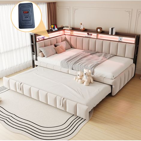 Canapé-lit 90x200 cm avec lit gigogne, LED, rangements et ports USB/Type-C, beige (1/5)