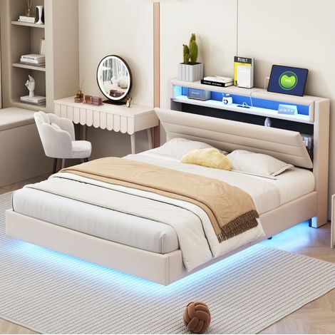 MEUBLIV Bettgestell 140x200 cm Beige – mit USB-Steckdose und LED, ohne Matratze (1/5)