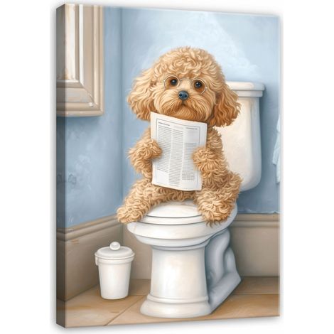 Leinwandbild Wandbild Badezimmer WC, Hund lustig mit Zeitung, humorvolle Wanddekoration für Bad und Gäste-WC, Kunstdruck HD, 90 x 60 cm