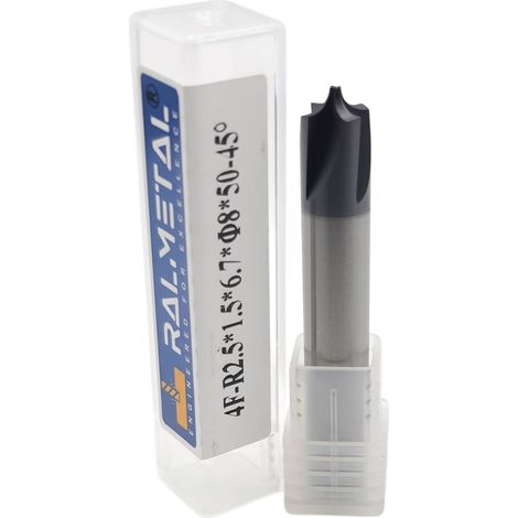 Fresa concava a quarto di cerchio in metallo duro integrale R2.5 x 1.5 x 6.7 x 8D x 50 mm 45 HRC AlTiN (1/4)