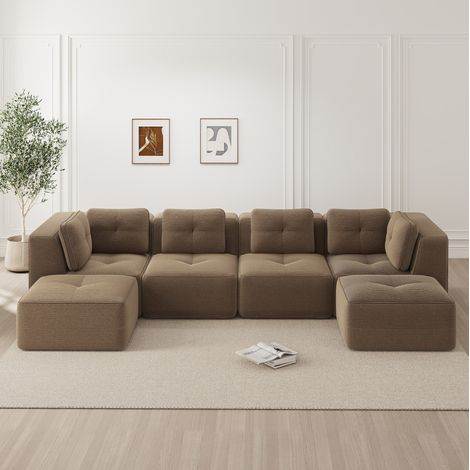 Canapé d’angle modulaire en velours côtelé marron, sans montage, configuration flexible L ou U (1/5)