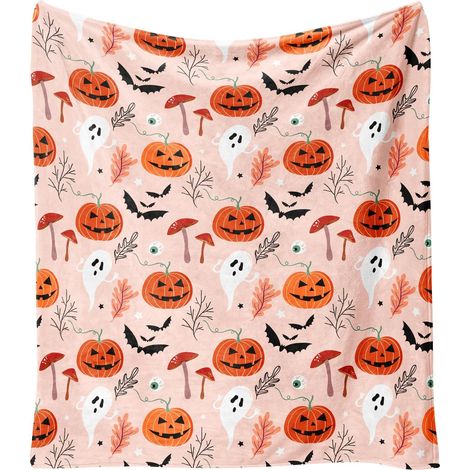 Couverture en laine rose citrouille fantôme champignon Halloween - Jeté en flanelle 152 x 127 cm pour l'automne et Thanksgiving, cadeau champêtre douillet pour femme, couverture décorative pour canapé (1/5)