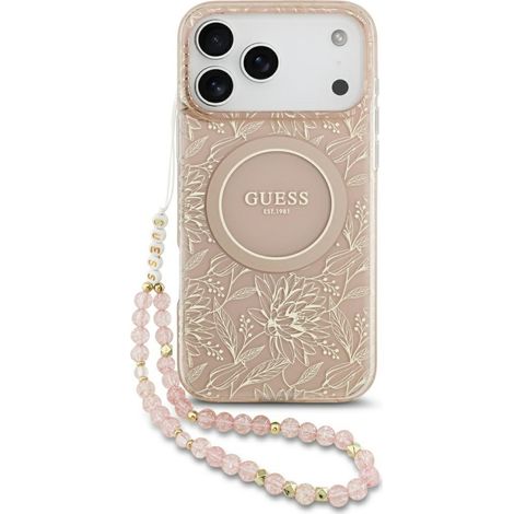 Étui MagSafe Guess IML Flowers Electro Pearl avec dragonne rose pour iPhone 17 Pro Max