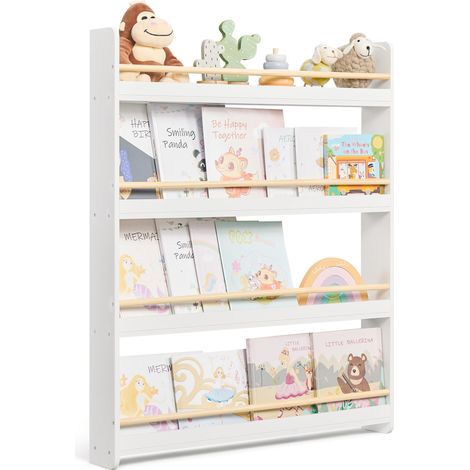 Étagère à Livres pour Enfants, Bibliothèque à 4 Niveaux, Étagère Murale à Jouets, pour Chambre d’Enfant, Salle de Jeux, Blanc et Naturel GKR014W01 (1/5)