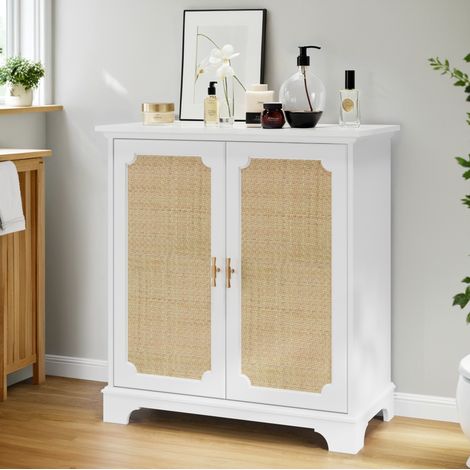 Sideboard 80x38x86 cm weiß aus MDF und Holzwerkstoff mit Rattantüren und verstellbarem Einlegeboden (1/5)