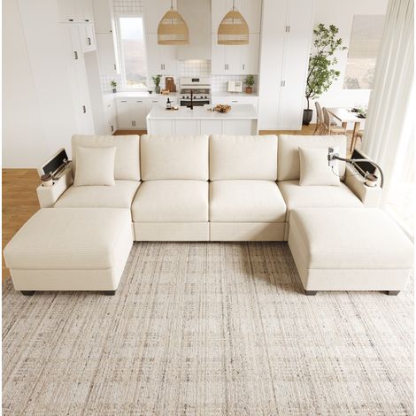 Canapé d'angle convertible U modulable en corduroy beige, 275,5 x 139 x 87 cm OKMYHOME (1/5)