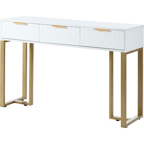 Table console moderne avec tiroirs, structure dorée, patins de pied réglables et poignées élégantes (Blanc+Or) (1/5)
