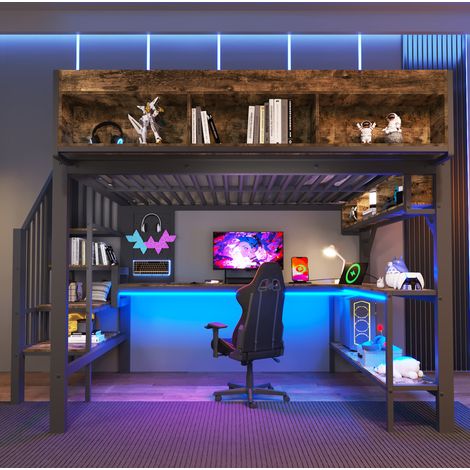 DESVIAE Lit mezzanine 140 x 200 cm avec bureau d angle rangements panneau perforé LED prises USB Type C noir brun vintage (1/5)