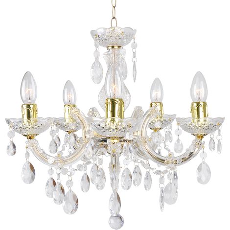 Litecraft Marie Therese Chandelier Ceiling Light Crystal Effect 5 Arm – Brass