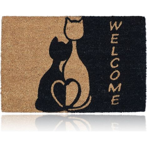 Relaxdays Fußmatte Kokos, 60 x 40 cm, mit Katzen & Spruch Welcome, gummiert, innen und außen, Türvorleger, natur/schwarz (1/5)