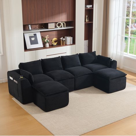 REDOM - Sofá modular de 4 plazas combinación libre, con cojines y bolsillos laterales, en pana negra (1/5)