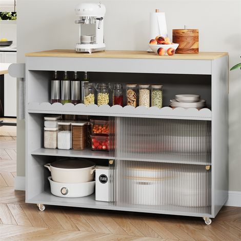 Desserte de Cuisine 122x46x91cm - Îlot Amovible Plan de Travail Pliable Portes Coulissantes en Verre Trempé Grand Rangement - Gris (1/5)