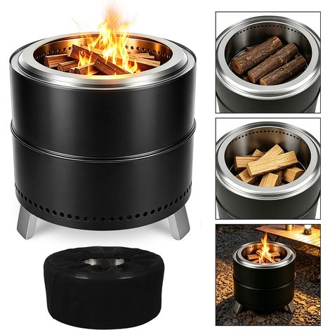 TolleTour Braciere da giardino senza fumo Ø49,5 cm nero in acciaio inox 201 con rivestimento resistente alle alte temperature (1/5)